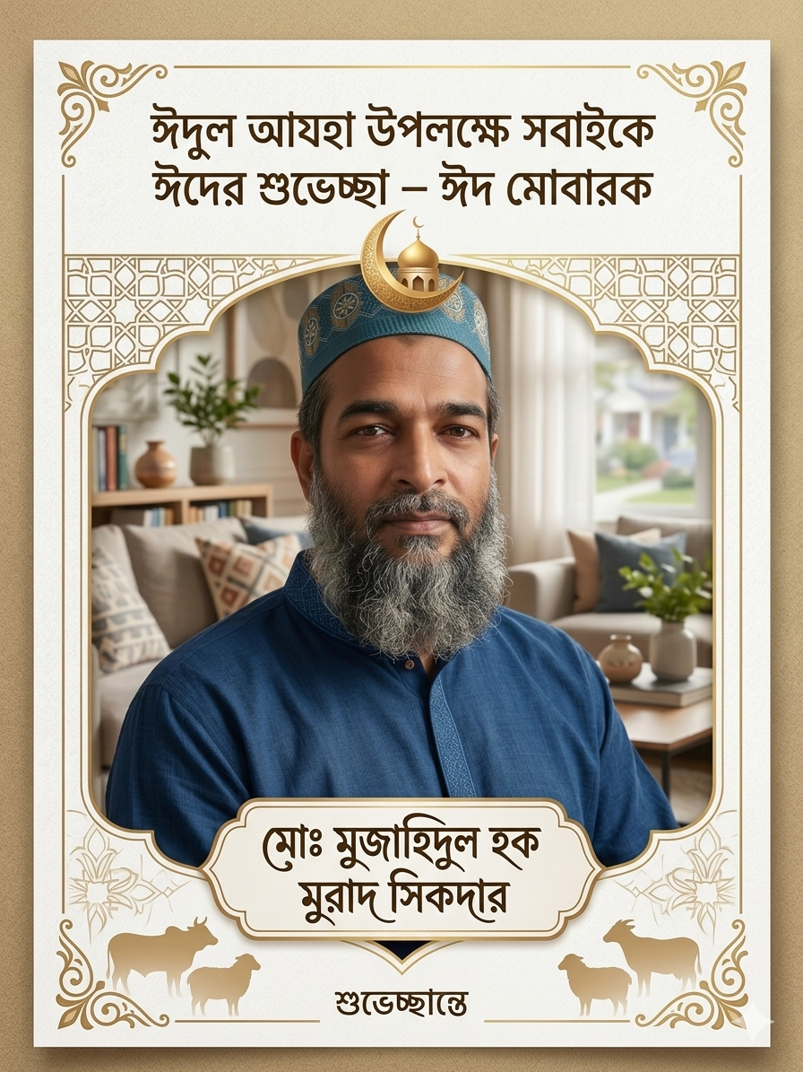 ঈদুল আযহায় সম্প্রীতি, ত্যাগ ও মানবতার বার্তা দিলেন মুজাহিদুল হক মুরাদ সিকদার